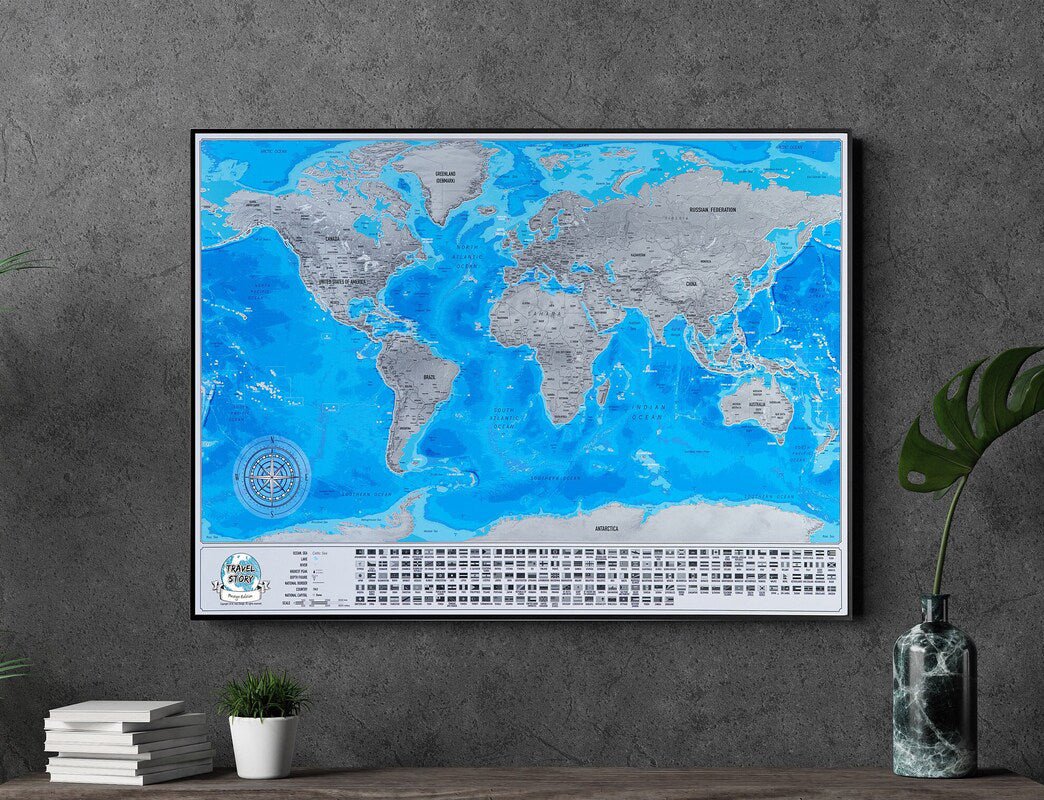 Carte monde à gratter bleu et grise - world-maps